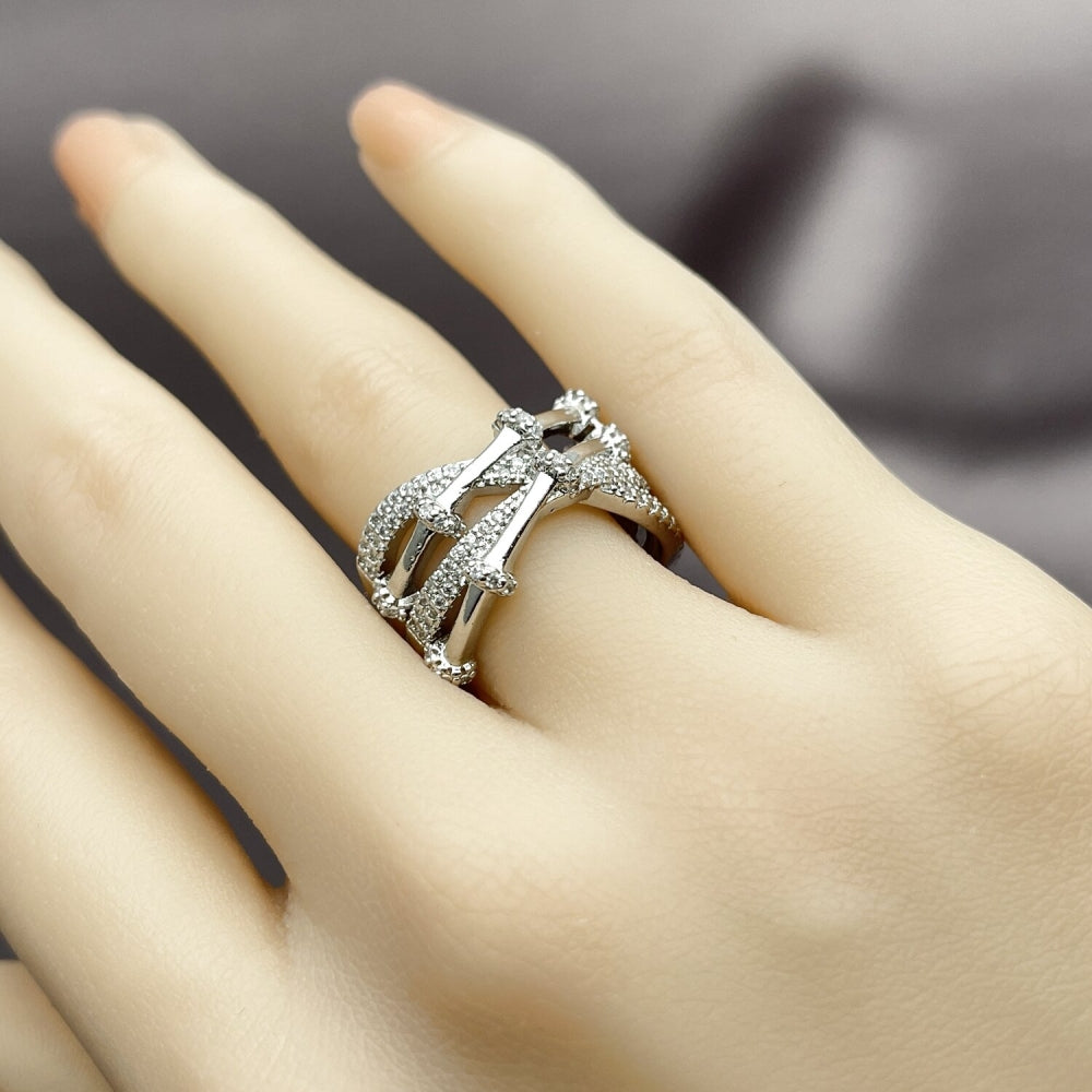 Rhodium Gold Filled Multi Stone Ring, Bamboo Design, with White Micro Pave, Polished, Rhodium Finish