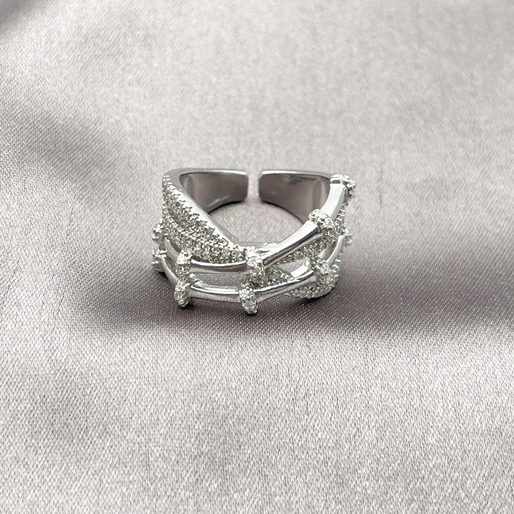 Rhodium Gold Filled Multi Stone Ring, Bamboo Design, with White Micro Pave, Polished, Rhodium Finish