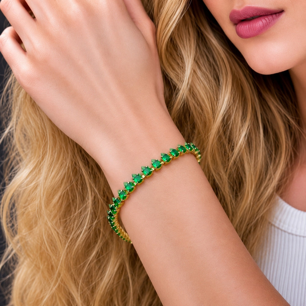 Oro Laminado Tennis Bracelet, Gold Filled Style Teardrop Design, with Green Cubic Zirconia, Polished, Golden Finish