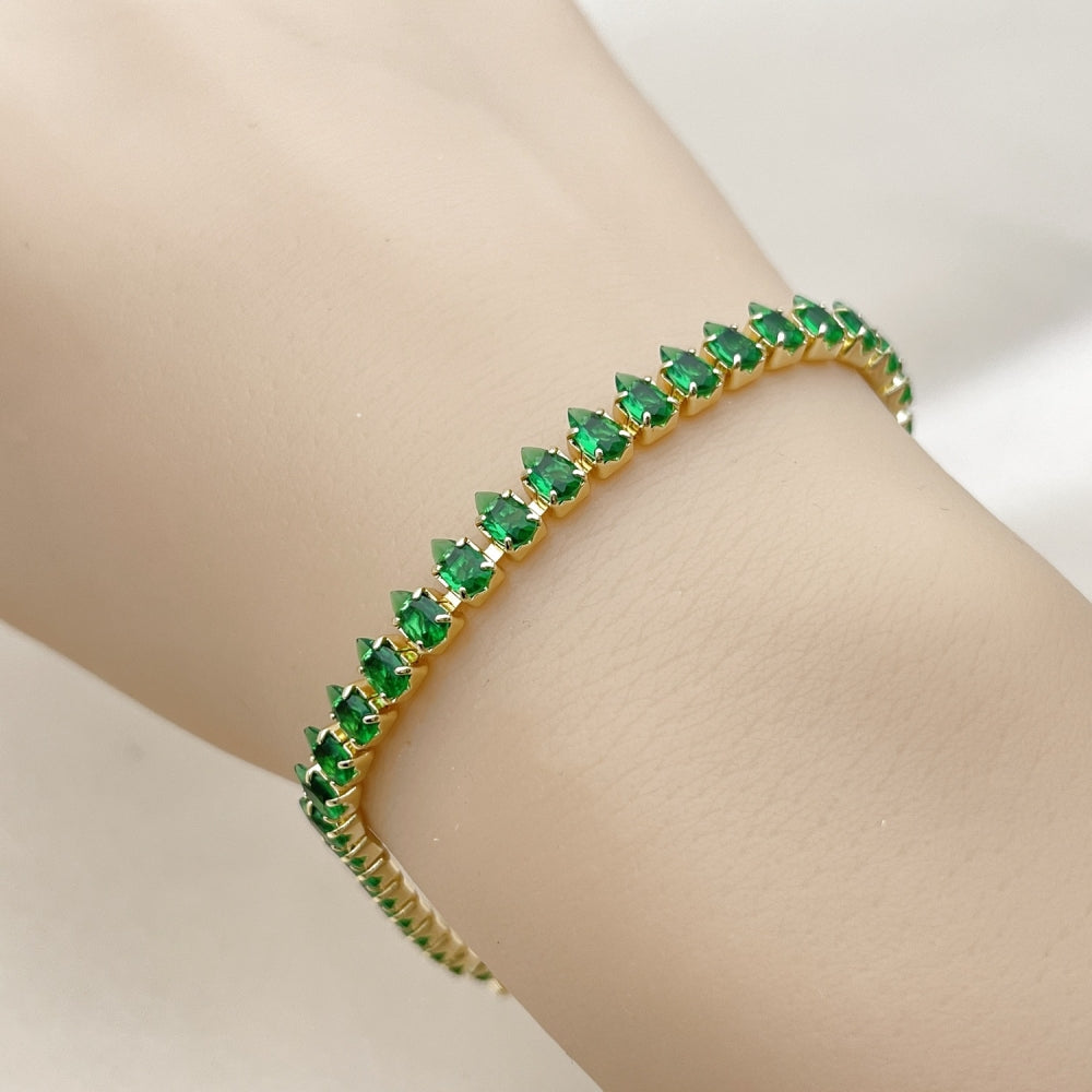 Oro Laminado Tennis Bracelet, Gold Filled Style Teardrop Design, with Green Cubic Zirconia, Polished, Golden Finish
