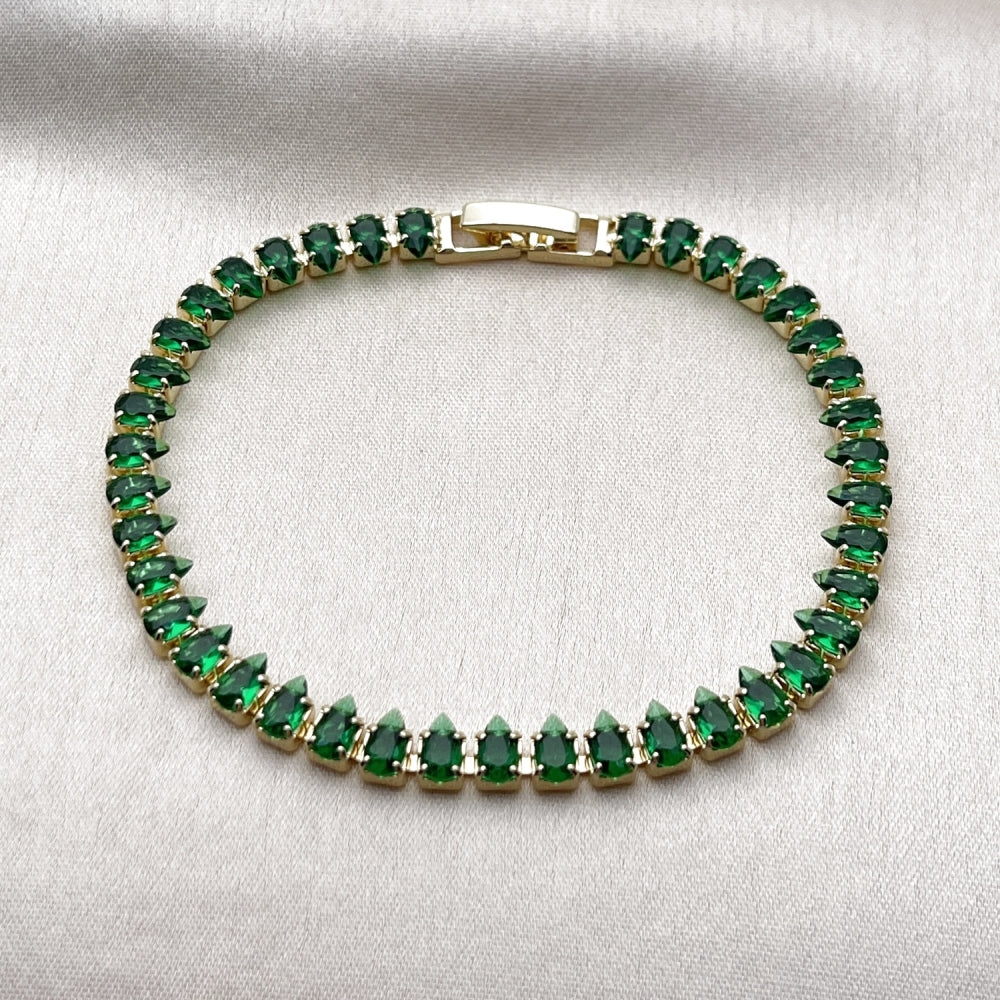 Oro Laminado Tennis Bracelet, Gold Filled Style Teardrop Design, with Green Cubic Zirconia, Polished, Golden Finish