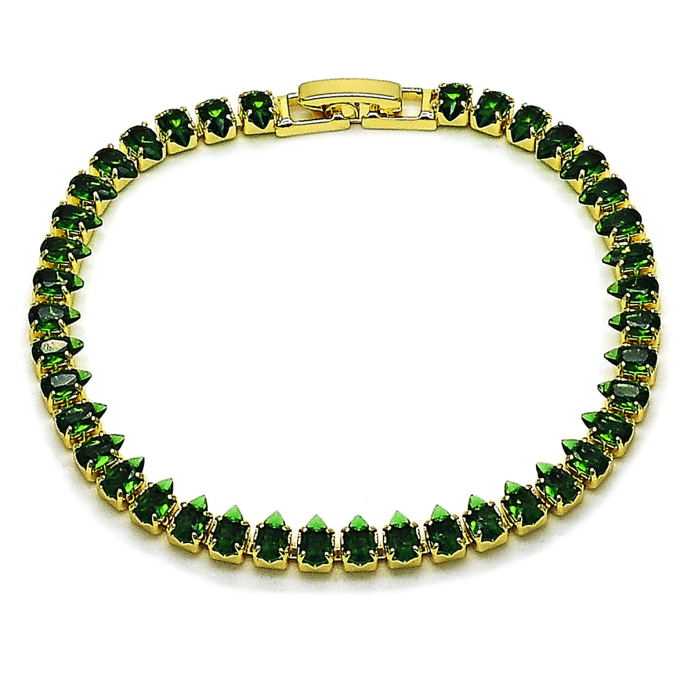 Oro Laminado Tennis Bracelet, Gold Filled Style Teardrop Design, with Green Cubic Zirconia, Polished, Golden Finish