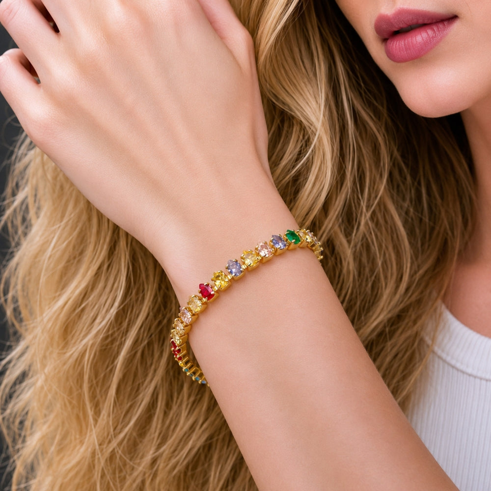 Oro Laminado Tennis Bracelet, Gold Filled Style Teardrop Design, with Multicolor Cubic Zirconia, Polished, Golden Finish