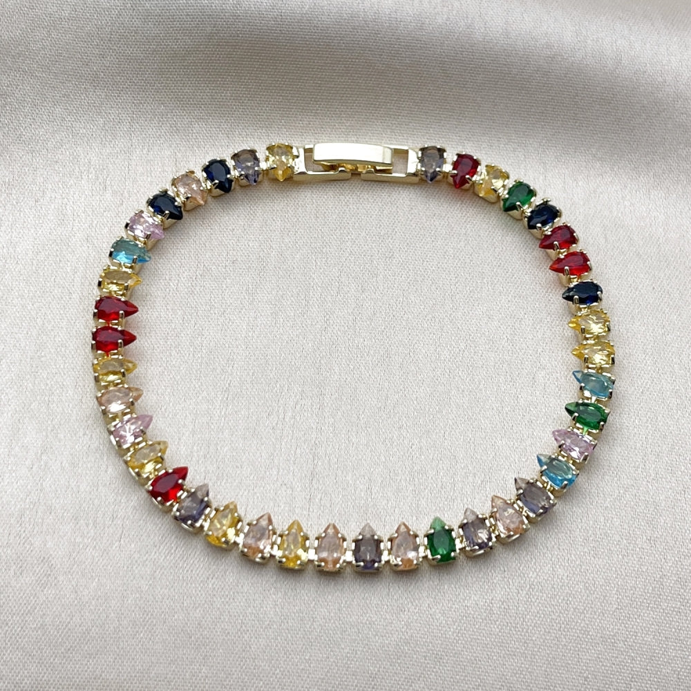 Oro Laminado Tennis Bracelet, Gold Filled Style Teardrop Design, with Multicolor Cubic Zirconia, Polished, Golden Finish