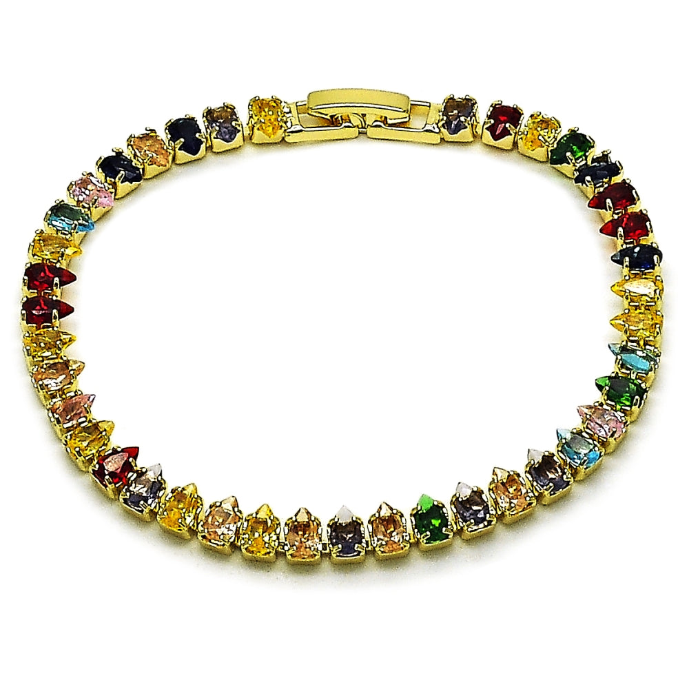 Oro Laminado Tennis Bracelet, Gold Filled Style Teardrop Design, with Multicolor Cubic Zirconia, Polished, Golden Finish