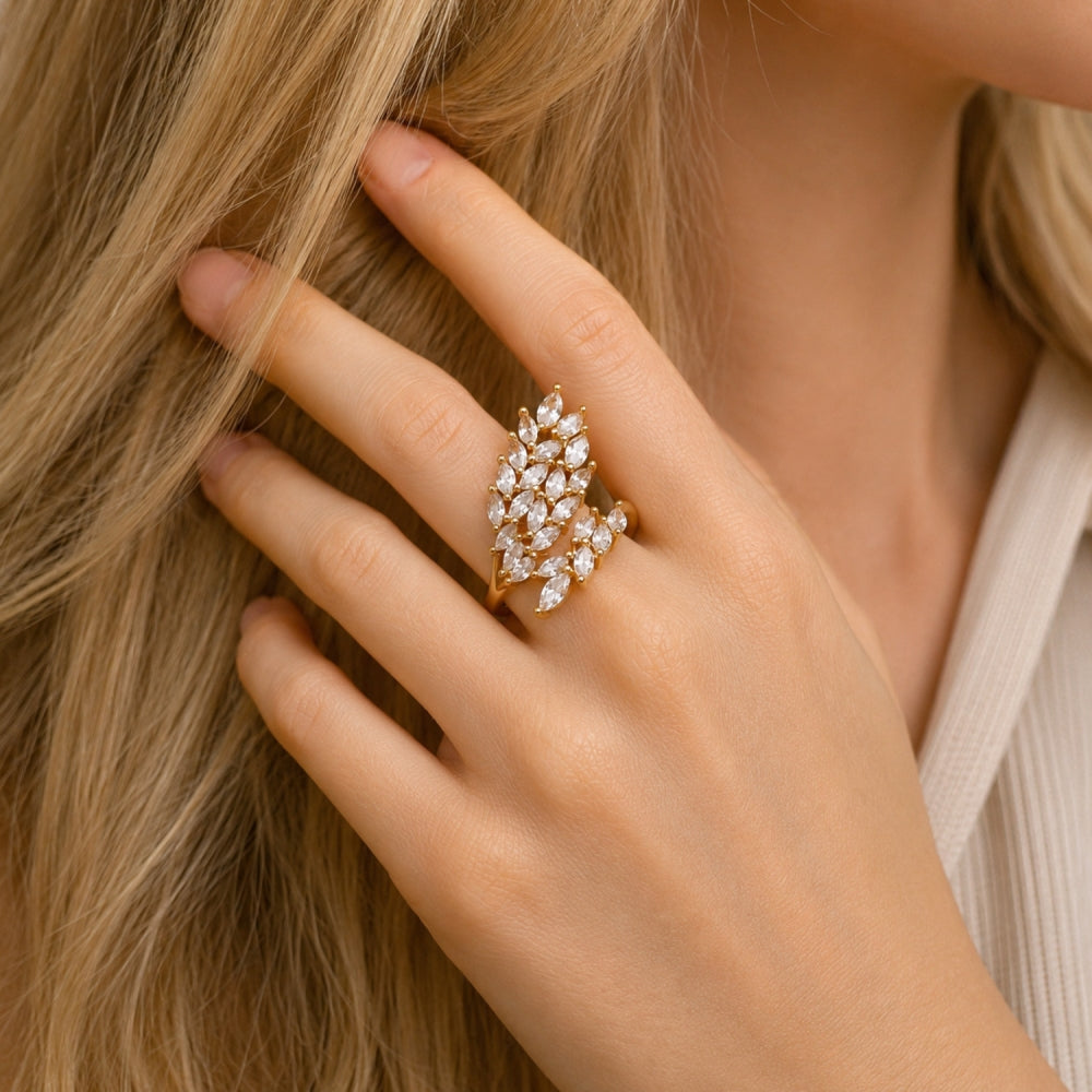 Oro Laminado Multi Stone Ring, Gold Filled Style Leaf Design, with White Cubic Zirconia, Polished, Golden Finish