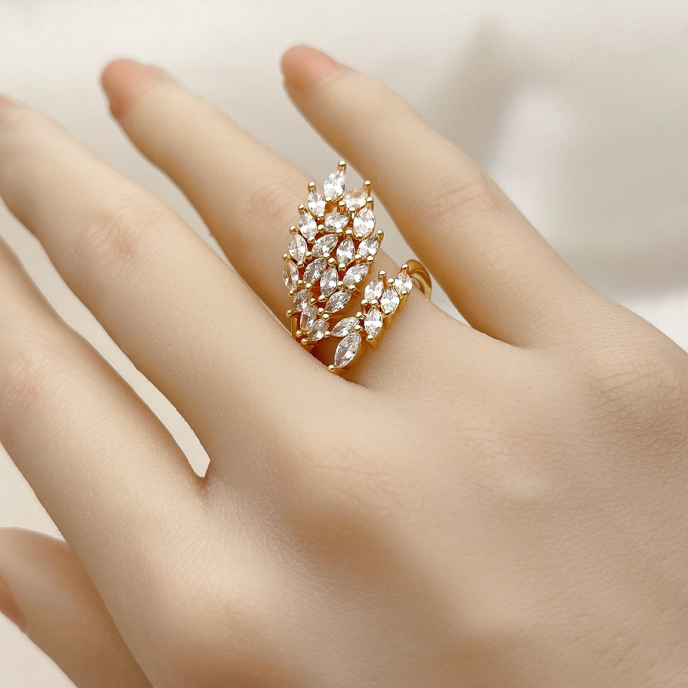 Oro Laminado Multi Stone Ring, Gold Filled Style Leaf Design, with White Cubic Zirconia, Polished, Golden Finish