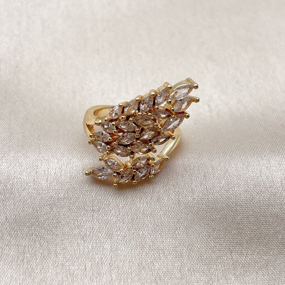 Oro Laminado Multi Stone Ring, Gold Filled Style Leaf Design, with White Cubic Zirconia, Polished, Golden Finish