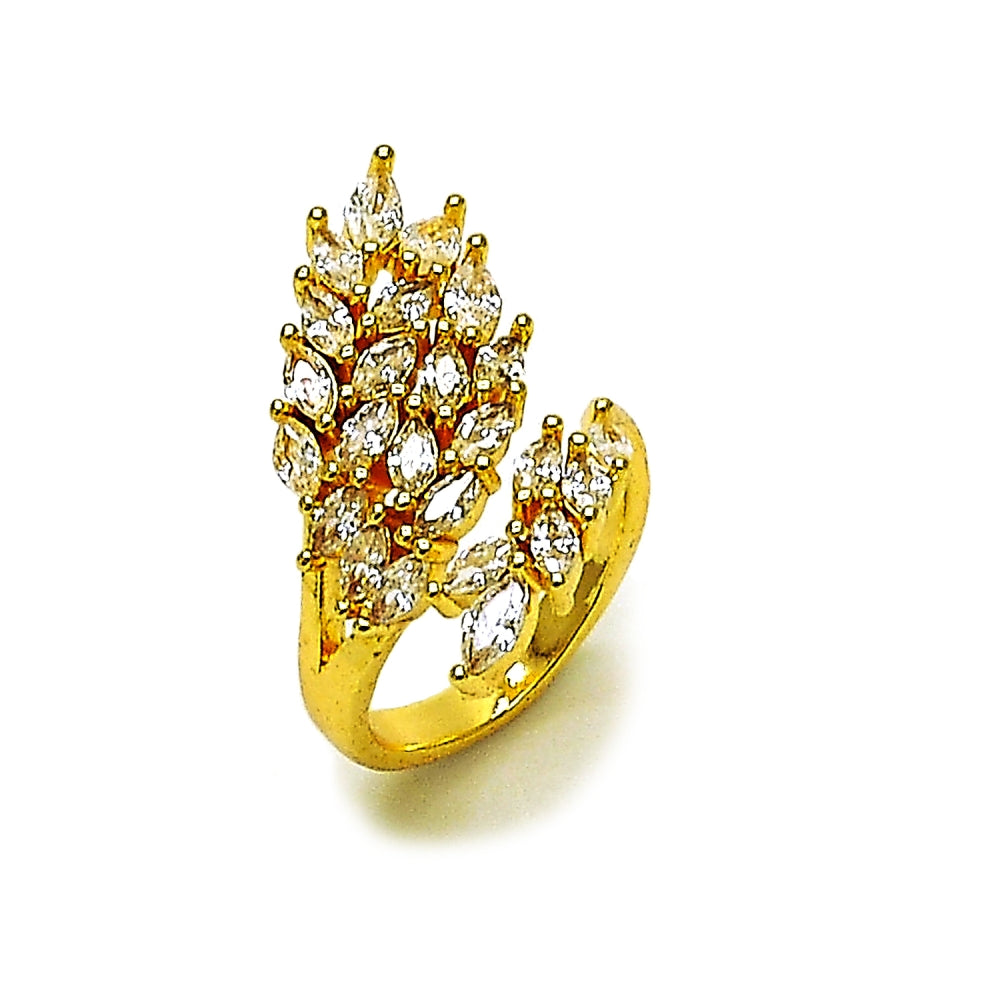 Oro Laminado Multi Stone Ring, Gold Filled Style Leaf Design, with White Cubic Zirconia, Polished, Golden Finish