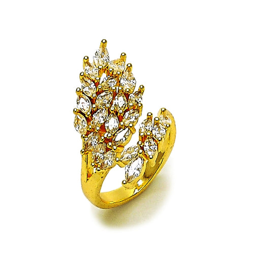 Oro Laminado Multi Stone Ring, Gold Filled Style Leaf Design, with White Cubic Zirconia, Polished, Golden Finish