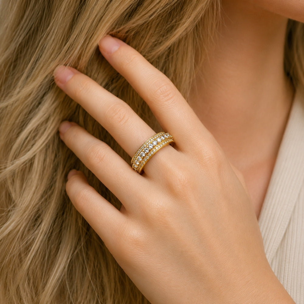 Oro Laminado Multi Stone Ring, Gold Filled Style Cluster Design, with White Cubic Zirconia and White Micro Pave, Polished, Golden Finish