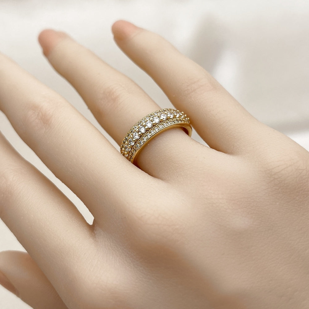 Oro Laminado Multi Stone Ring, Gold Filled Style Cluster Design, with White Cubic Zirconia and White Micro Pave, Polished, Golden Finish