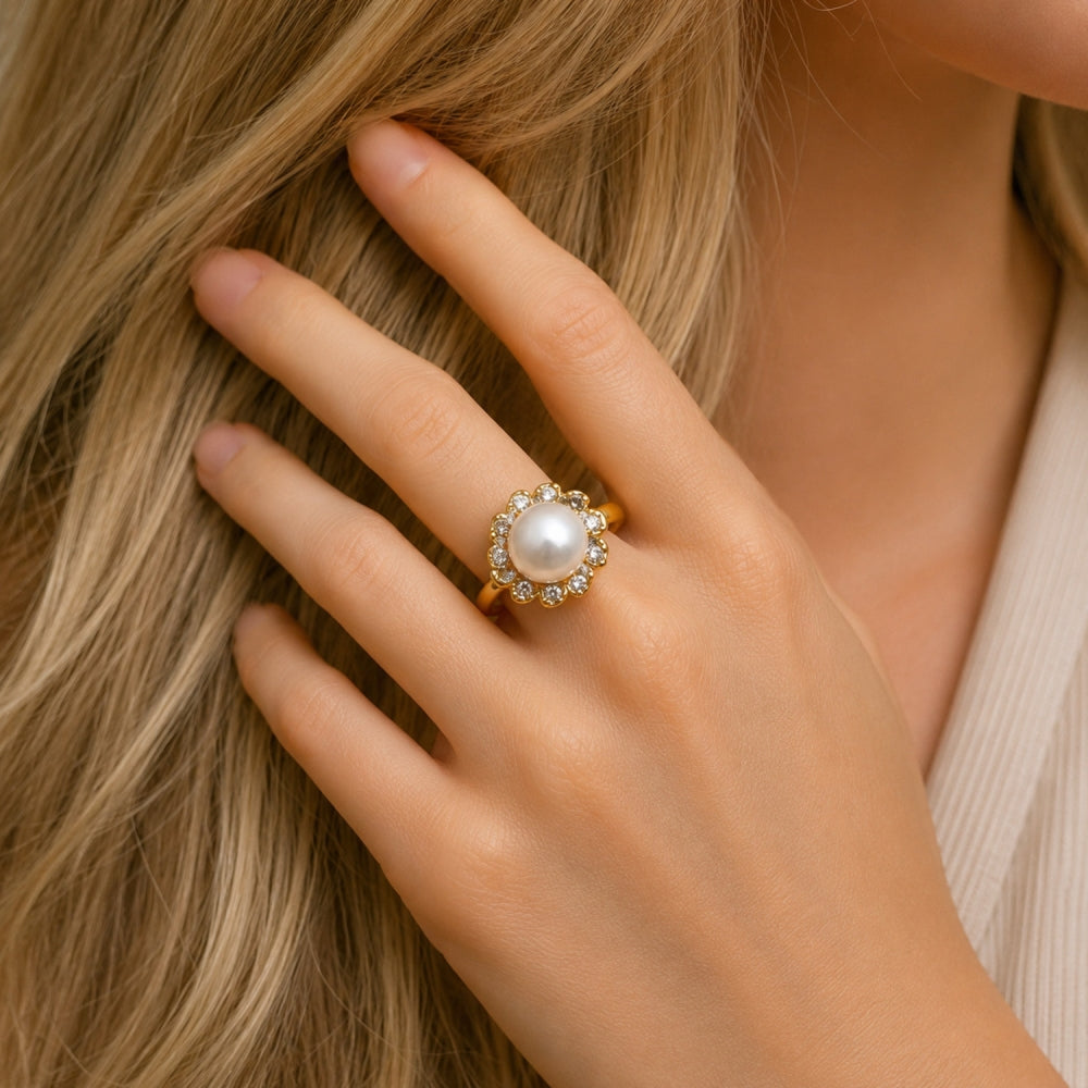 Oro Laminado Multi Stone Ring, Gold Filled Style Flower and Cluster Design, with White Cubic Zirconia and Ivory Pearl, Polished, Golden Finish
