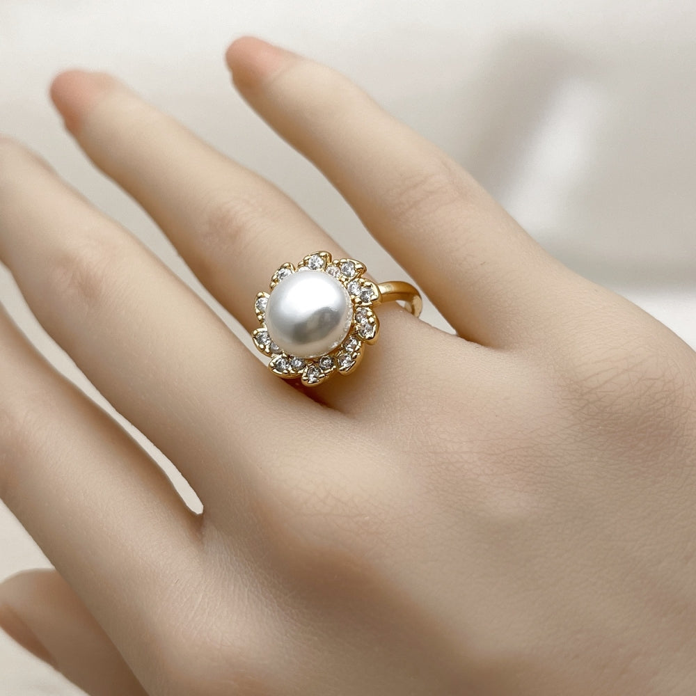 Oro Laminado Multi Stone Ring, Gold Filled Style Flower and Cluster Design, with White Cubic Zirconia and Ivory Pearl, Polished, Golden Finish