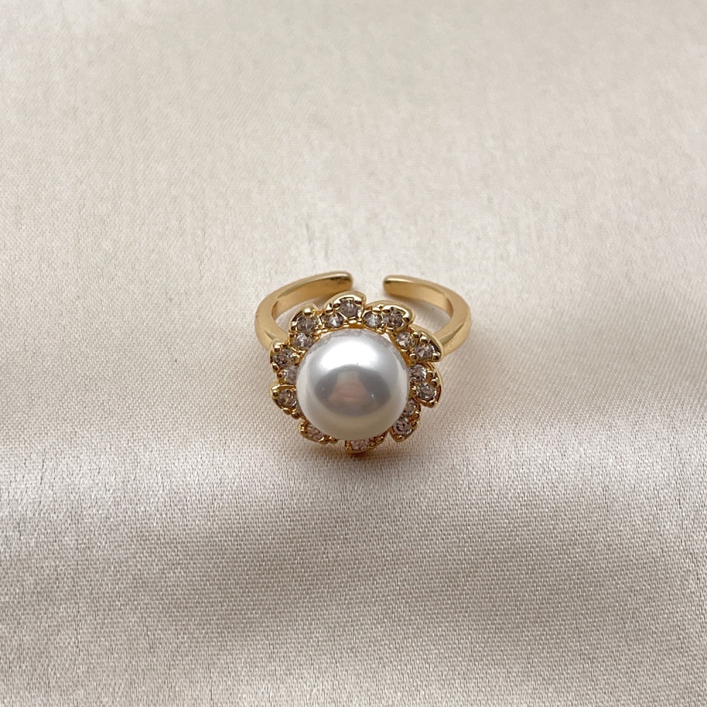 Oro Laminado Multi Stone Ring, Gold Filled Style Flower and Cluster Design, with White Cubic Zirconia and Ivory Pearl, Polished, Golden Finish