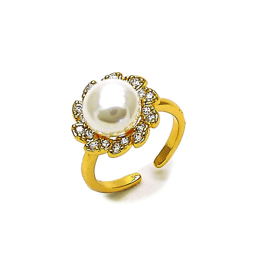 Oro Laminado Multi Stone Ring, Gold Filled Style Flower and Cluster Design, with White Cubic Zirconia and Ivory Pearl, Polished, Golden Finish