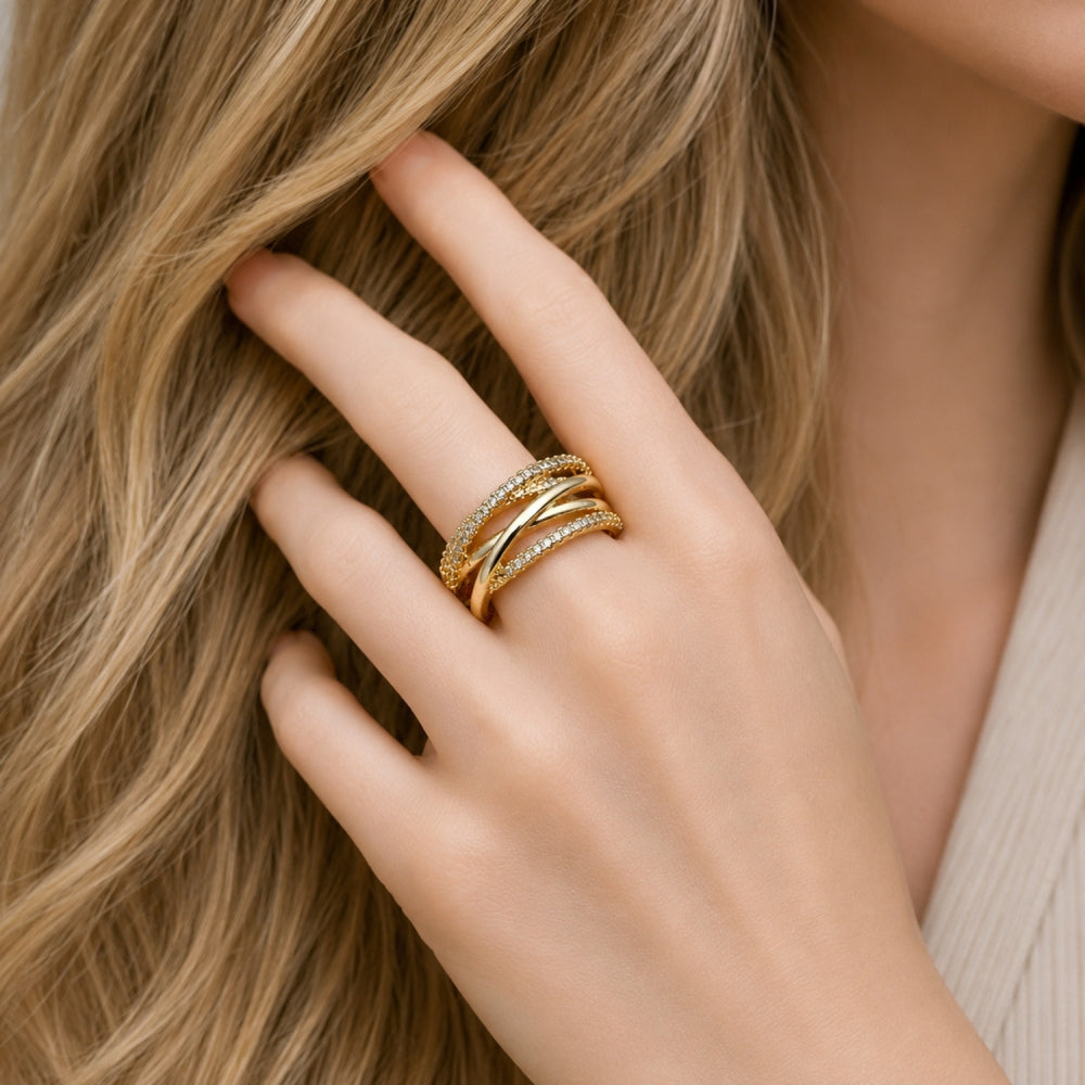 Oro Laminado Multi Stone Ring, Gold Filled Style with White Micro Pave, Polished, Golden Finish