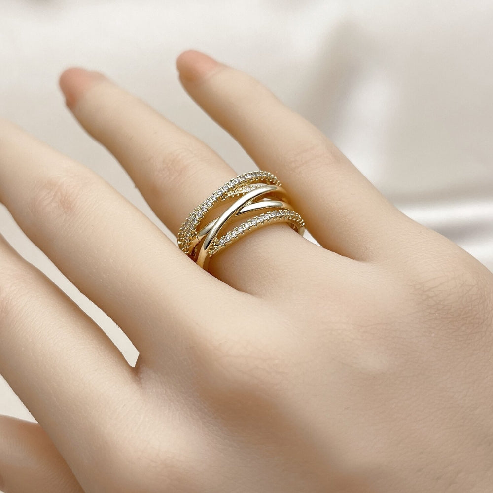 Oro Laminado Multi Stone Ring, Gold Filled Style with White Micro Pave, Polished, Golden Finish