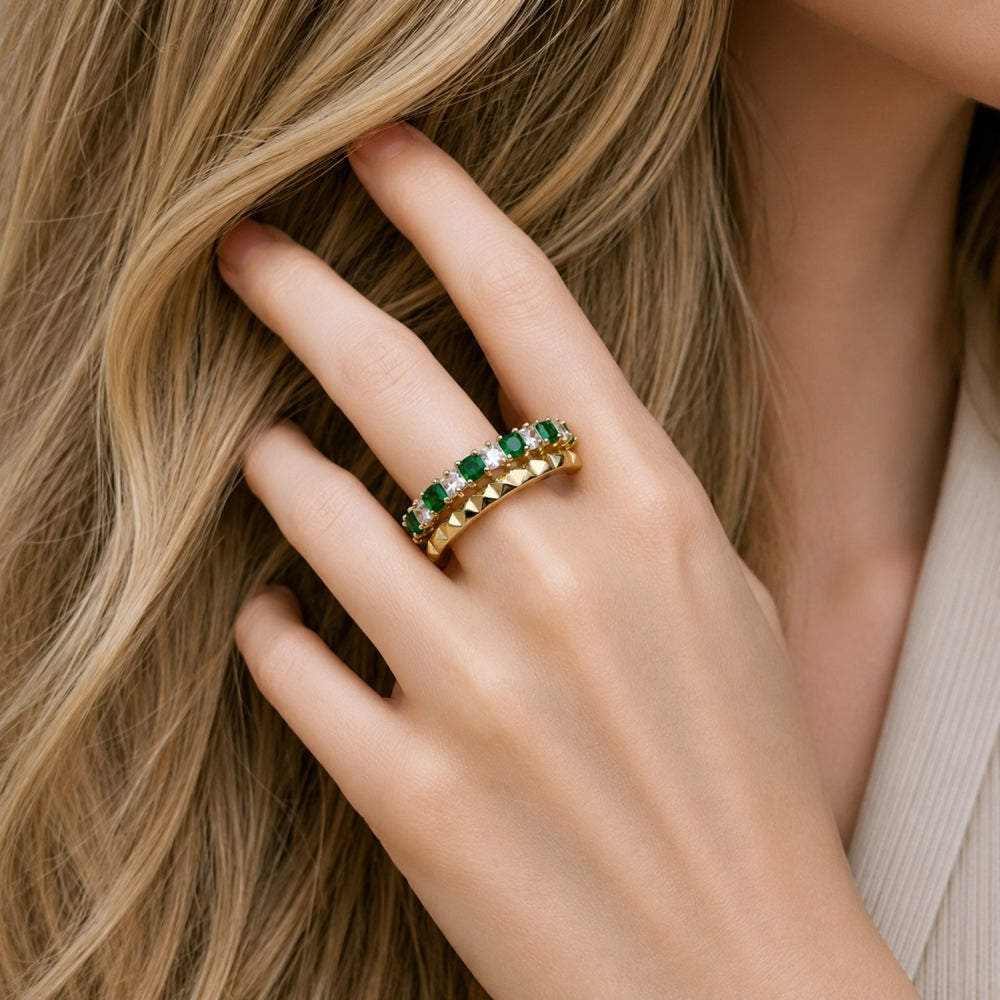 Oro Laminado Multi Stone Ring, Gold Filled Style with Green and White Cubic Zirconia, Polished, Golden Finish