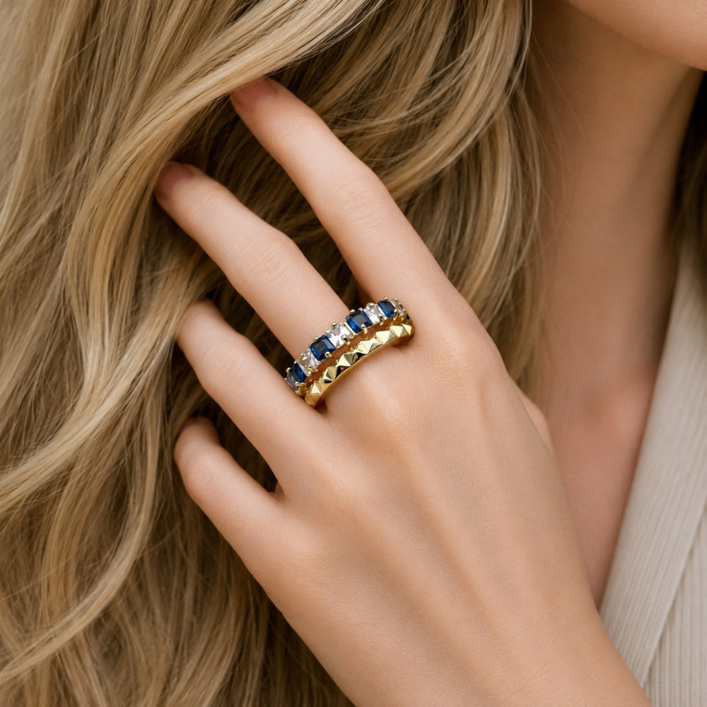 Oro Laminado Multi Stone Ring, Gold Filled Style with Sapphire Blue and White Cubic Zirconia, Polished, Golden Finish