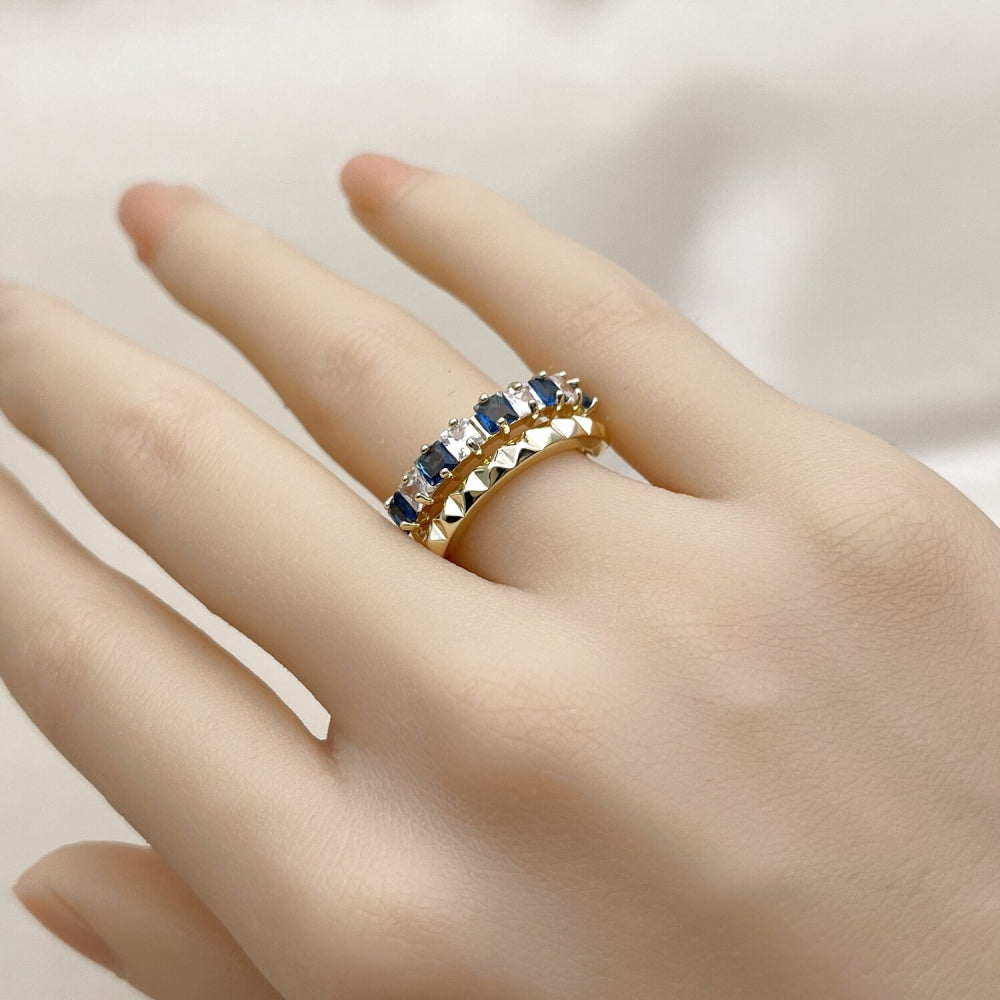 Oro Laminado Multi Stone Ring, Gold Filled Style with Sapphire Blue and White Cubic Zirconia, Polished, Golden Finish