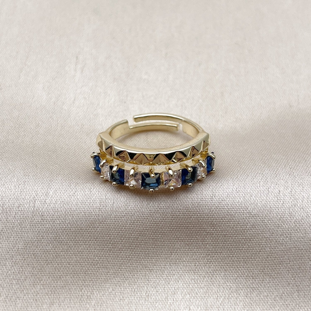 Oro Laminado Multi Stone Ring, Gold Filled Style with Sapphire Blue and White Cubic Zirconia, Polished, Golden Finish