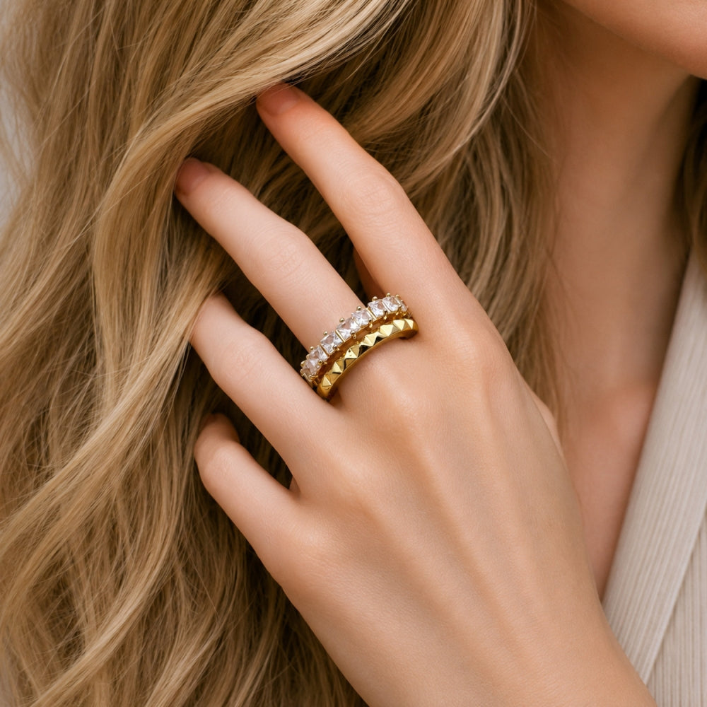 Oro Laminado Multi Stone Ring, Gold Filled Style with White Cubic Zirconia, Polished, Golden Finish