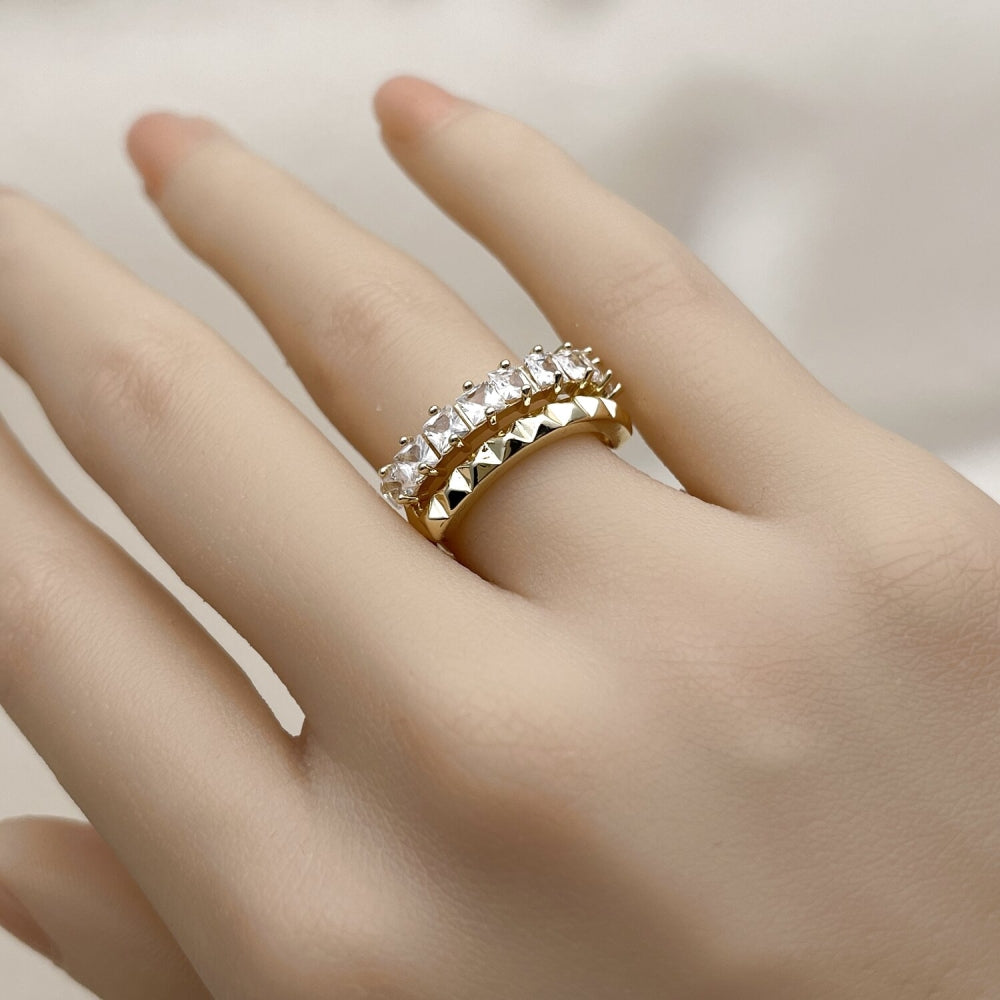 Oro Laminado Multi Stone Ring, Gold Filled Style with White Cubic Zirconia, Polished, Golden Finish