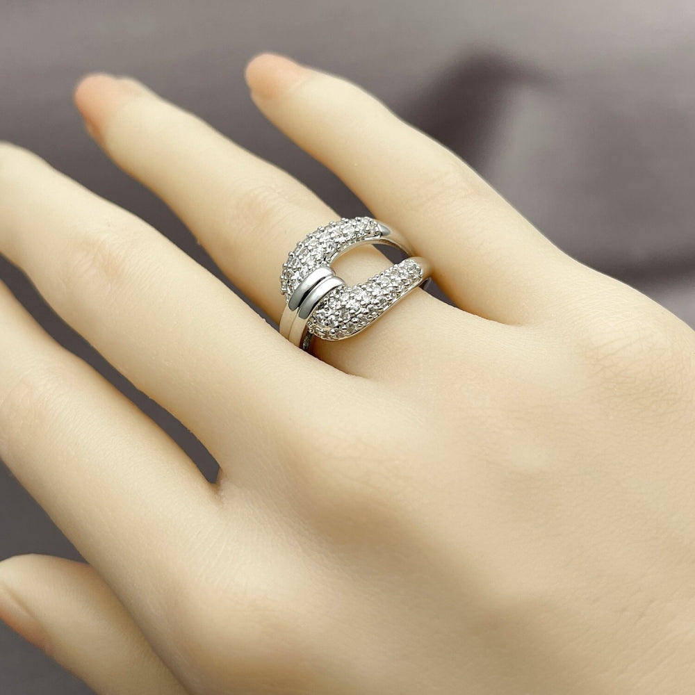 Rhodium Gold Filled Multi Stone Ring, Belt Buckle Design, with White Cubic Zirconia, Polished, Rhodium Finish