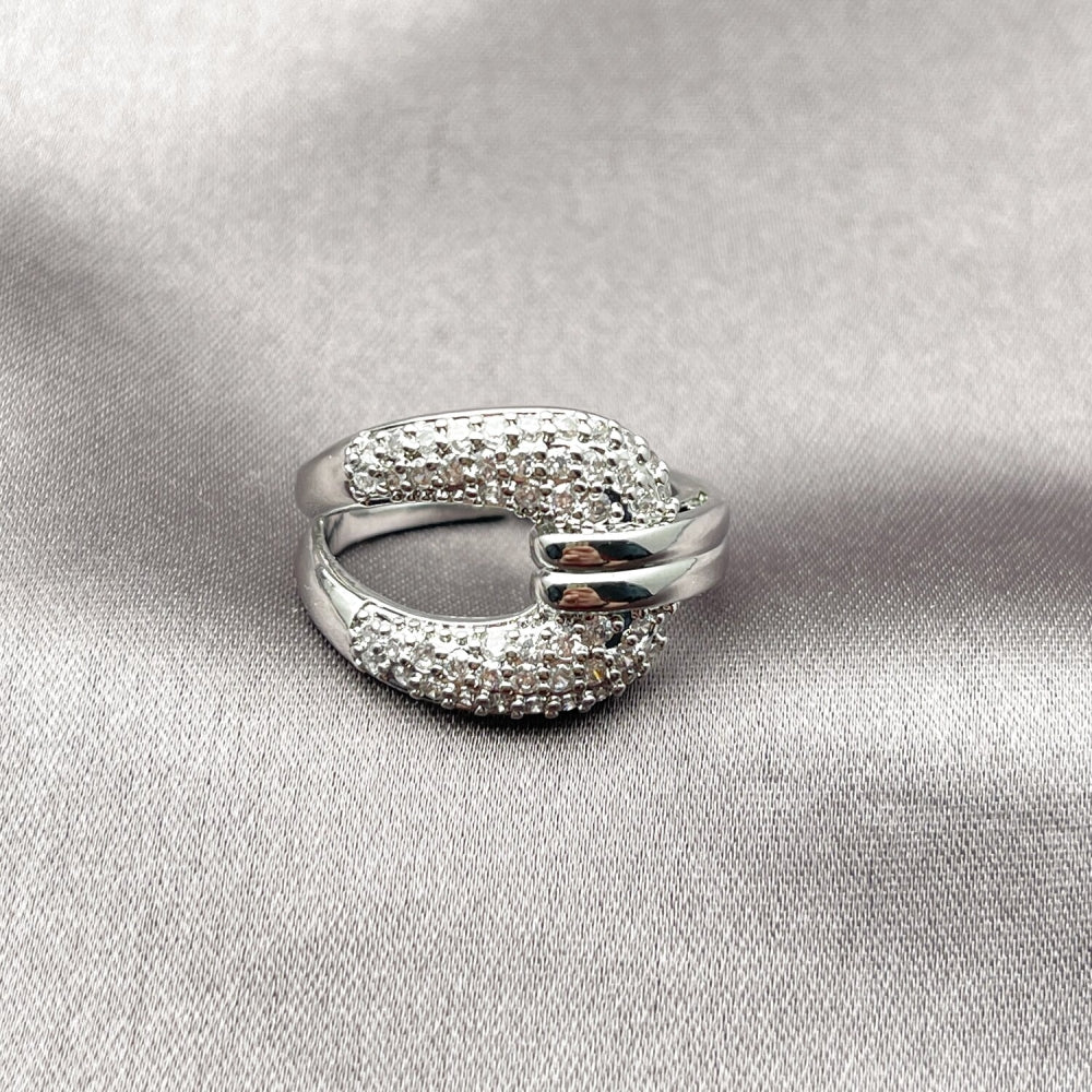 Rhodium Gold Filled Multi Stone Ring, Belt Buckle Design, with White Cubic Zirconia, Polished, Rhodium Finish