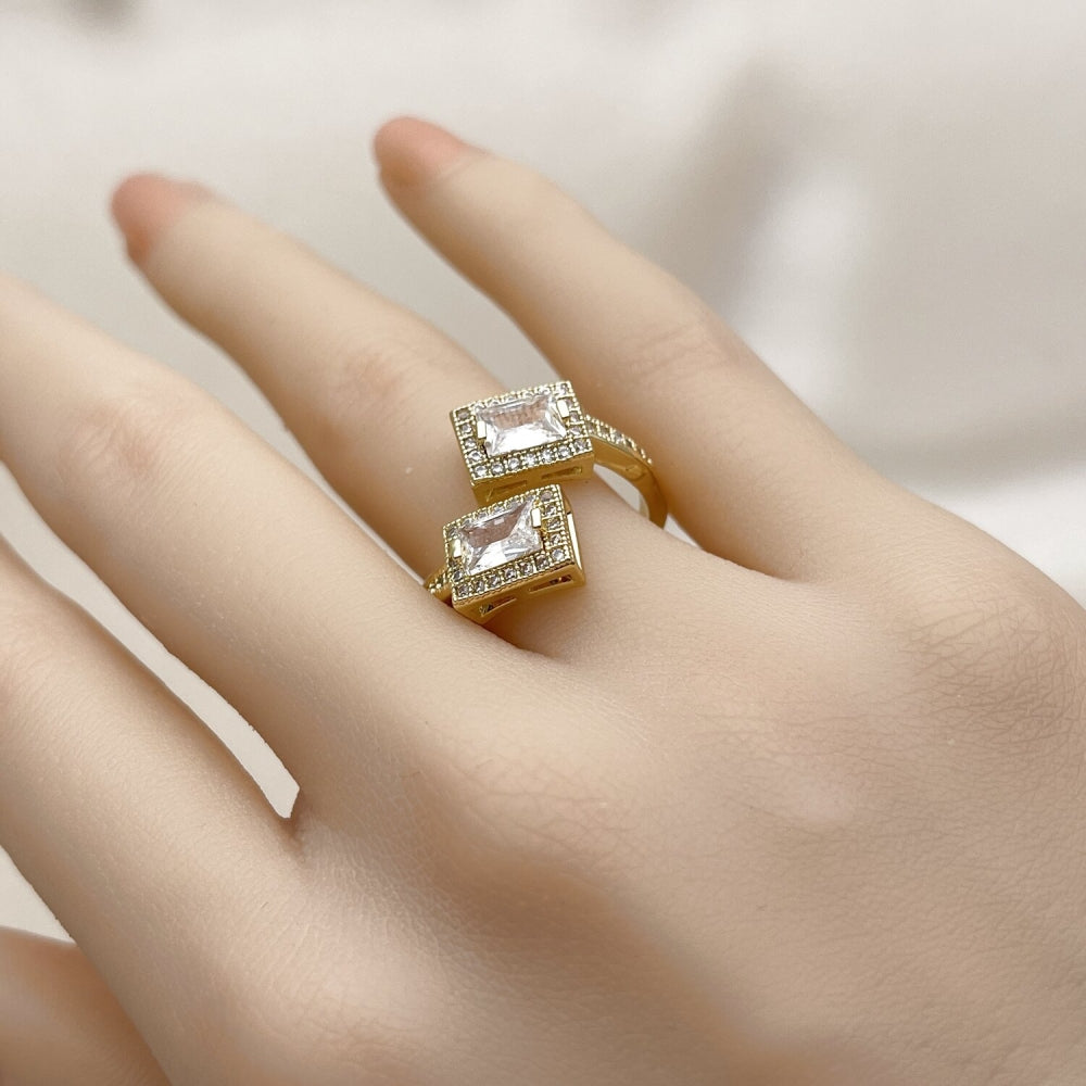 Oro Laminado Multi Stone Ring, Gold Filled Style Cluster and Baguette Design, with White Cubic Zirconia and White Micro Pave, Polished, Golden Finish