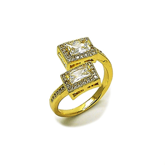 Oro Laminado Multi Stone Ring, Gold Filled Style Cluster and Baguette Design, with White Cubic Zirconia and White Micro Pave, Polished, Golden Finish