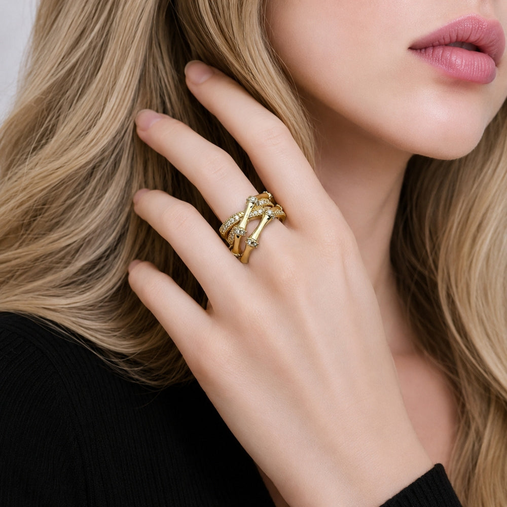 Oro Laminado Multi Stone Ring, Gold Filled Style Bamboo Design, with White Cubic Zirconia and White Micro Pave, Polished, Golden Finish