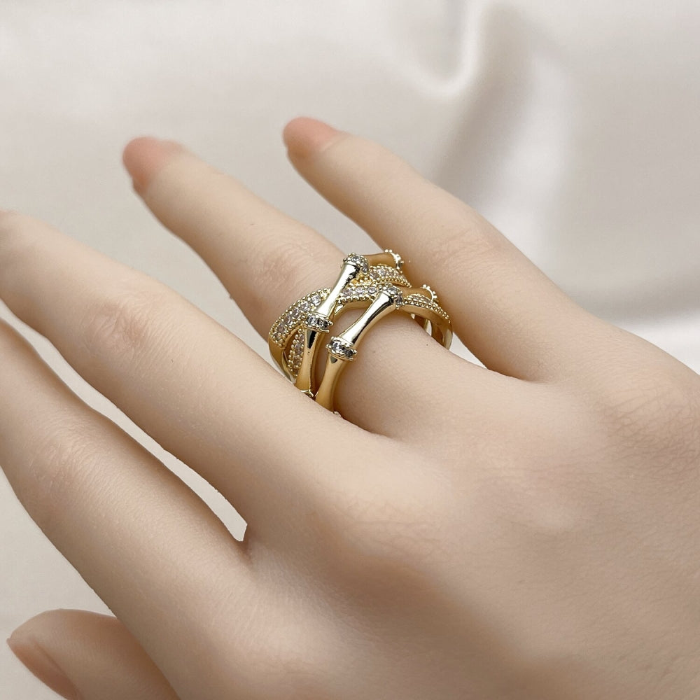 Oro Laminado Multi Stone Ring, Gold Filled Style Bamboo Design, with White Cubic Zirconia and White Micro Pave, Polished, Golden Finish