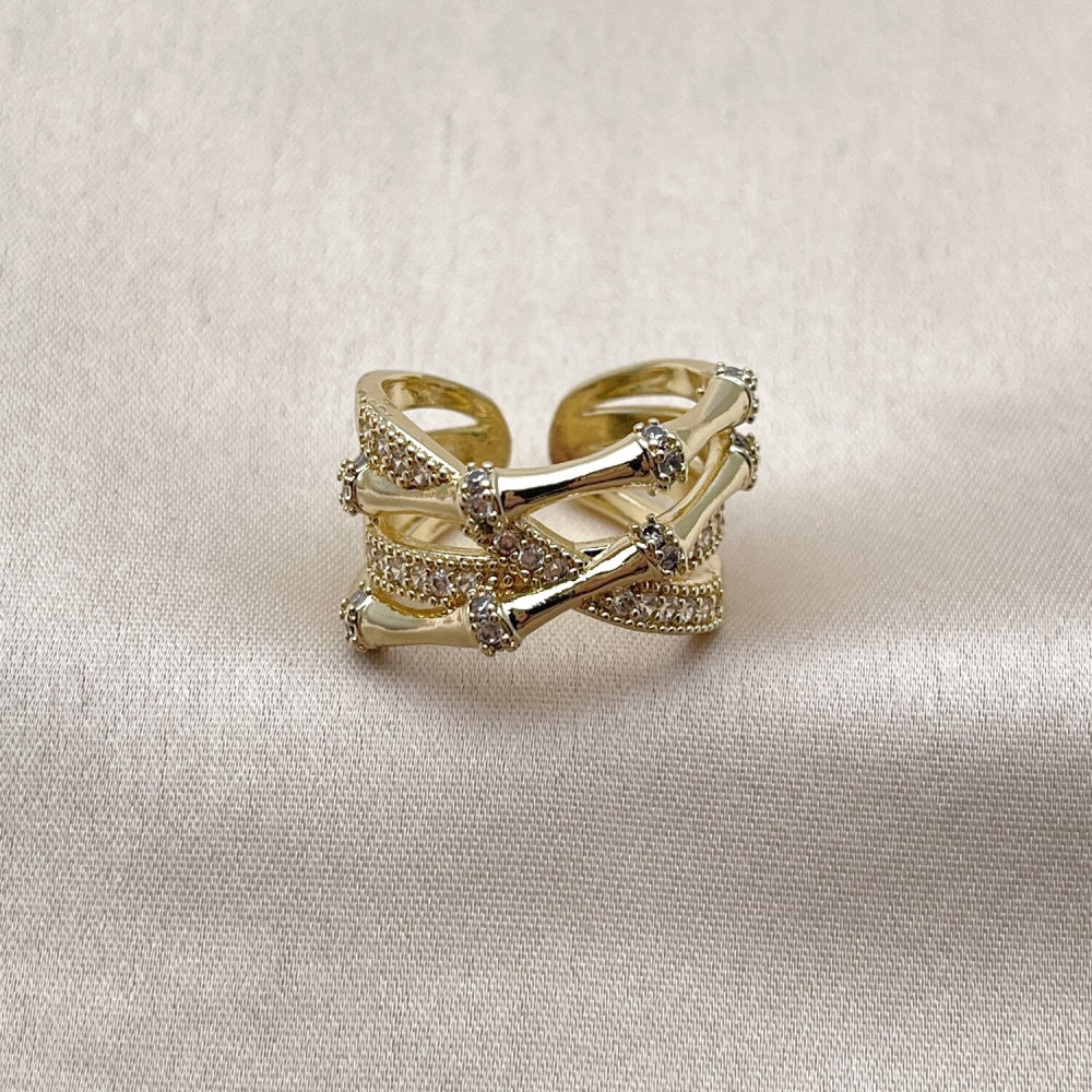 Oro Laminado Multi Stone Ring, Gold Filled Style Bamboo Design, with White Cubic Zirconia and White Micro Pave, Polished, Golden Finish