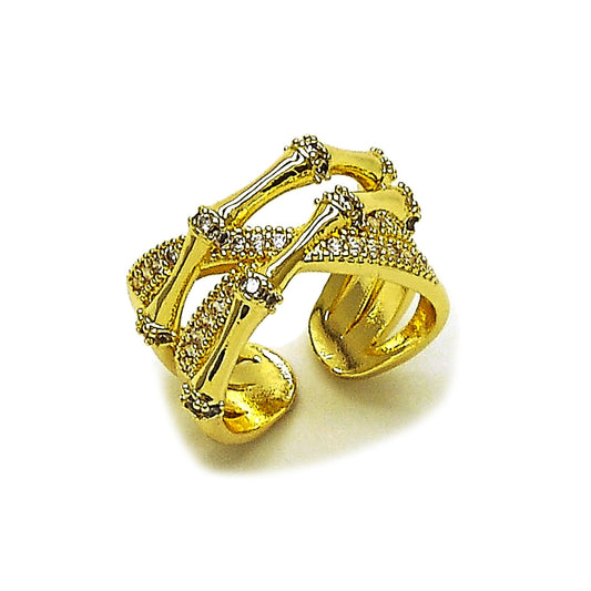 Oro Laminado Multi Stone Ring, Gold Filled Style Bamboo Design, with White Cubic Zirconia and White Micro Pave, Polished, Golden Finish