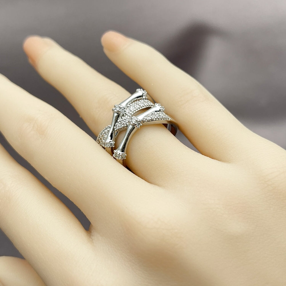 Rhodium Gold Filled Multi Stone Ring, Bamboo Design, with White Cubic Zirconia and White Micro Pave, Polished, Rhodium Finish