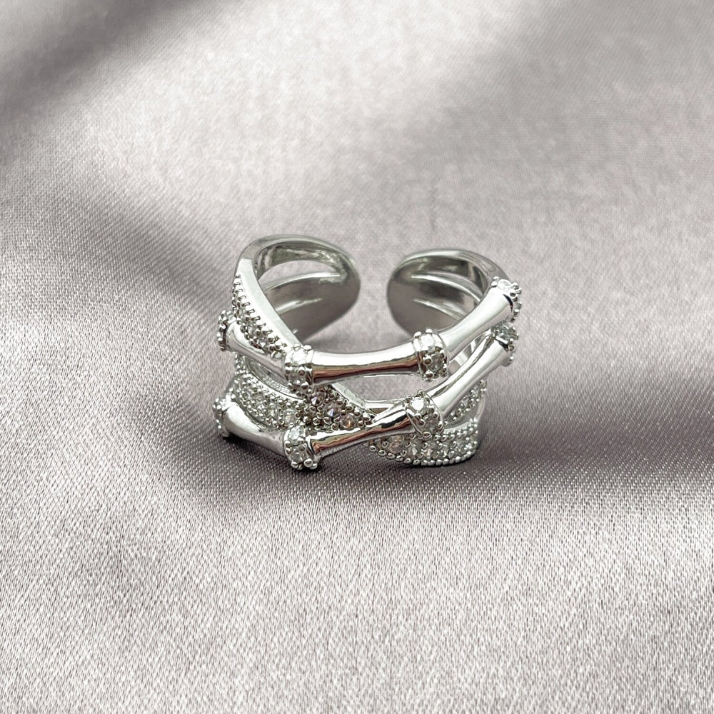 Rhodium Gold Filled Multi Stone Ring, Bamboo Design, with White Cubic Zirconia and White Micro Pave, Polished, Rhodium Finish