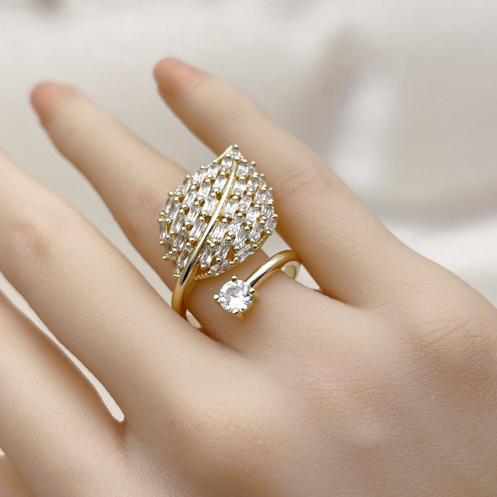 Oro Laminado Multi Stone Ring, Gold Filled Style Leaf and Baguette Design, with White Cubic Zirconia, Polished, Golden Finish