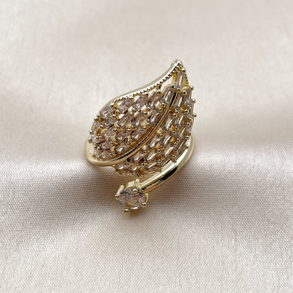 Oro Laminado Multi Stone Ring, Gold Filled Style Leaf and Baguette Design, with White Cubic Zirconia, Polished, Golden Finish