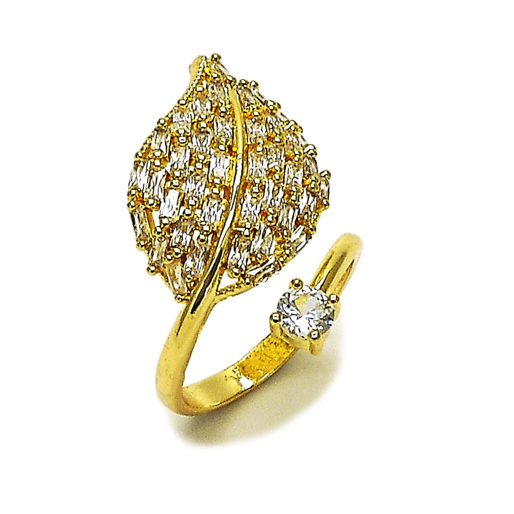Oro Laminado Multi Stone Ring, Gold Filled Style Leaf and Baguette Design, with White Cubic Zirconia, Polished, Golden Finish
