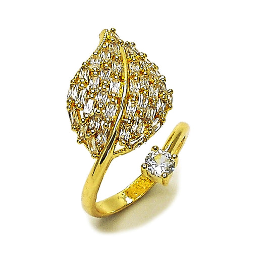 Oro Laminado Multi Stone Ring, Gold Filled Style Leaf and Baguette Design, with White Cubic Zirconia, Polished, Golden Finish