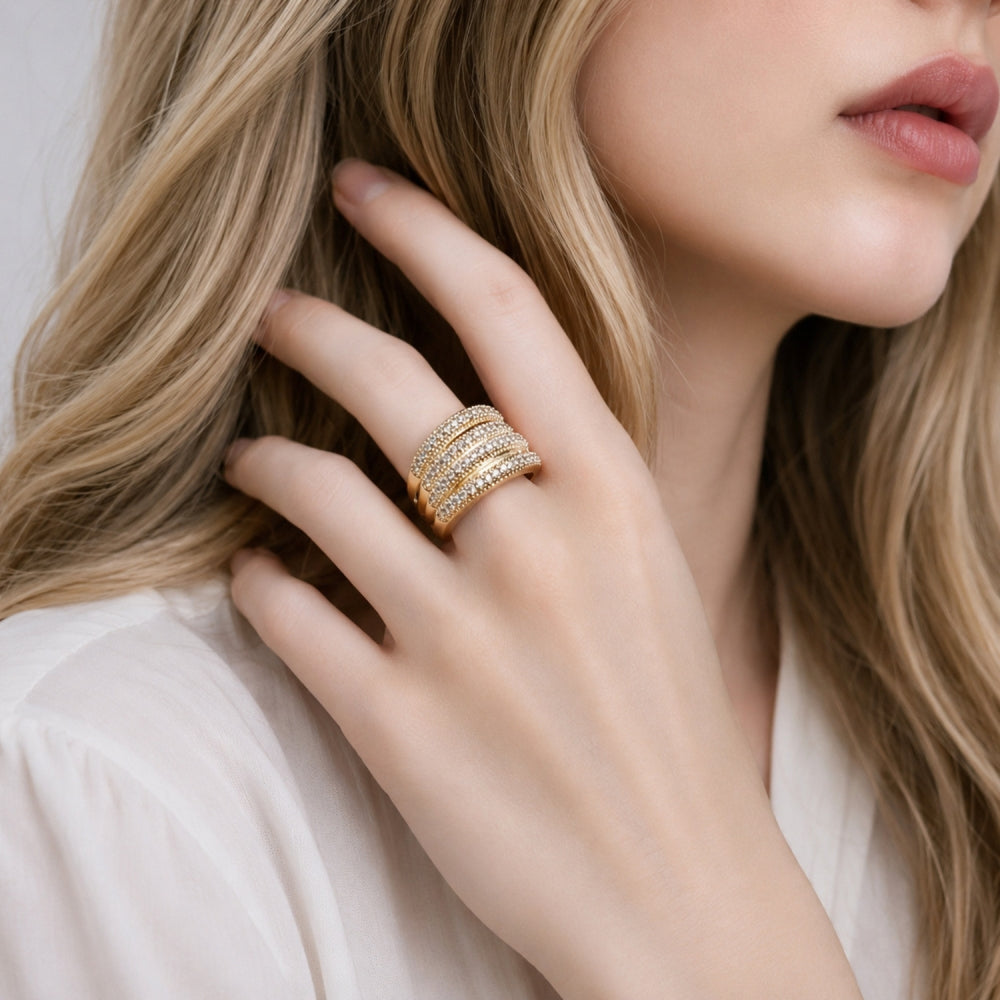 Oro Laminado Multi Stone Ring, Gold Filled Style with White Micro Pave, Polished, Golden Finish
