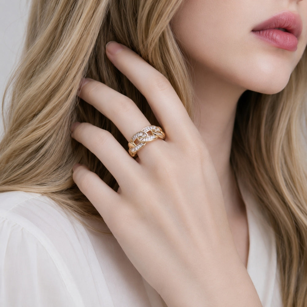 Oro Laminado Multi Stone Ring, Gold Filled Style Miami Cuban and Baguette Design, with White Cubic Zirconia, Polished, Golden Finish