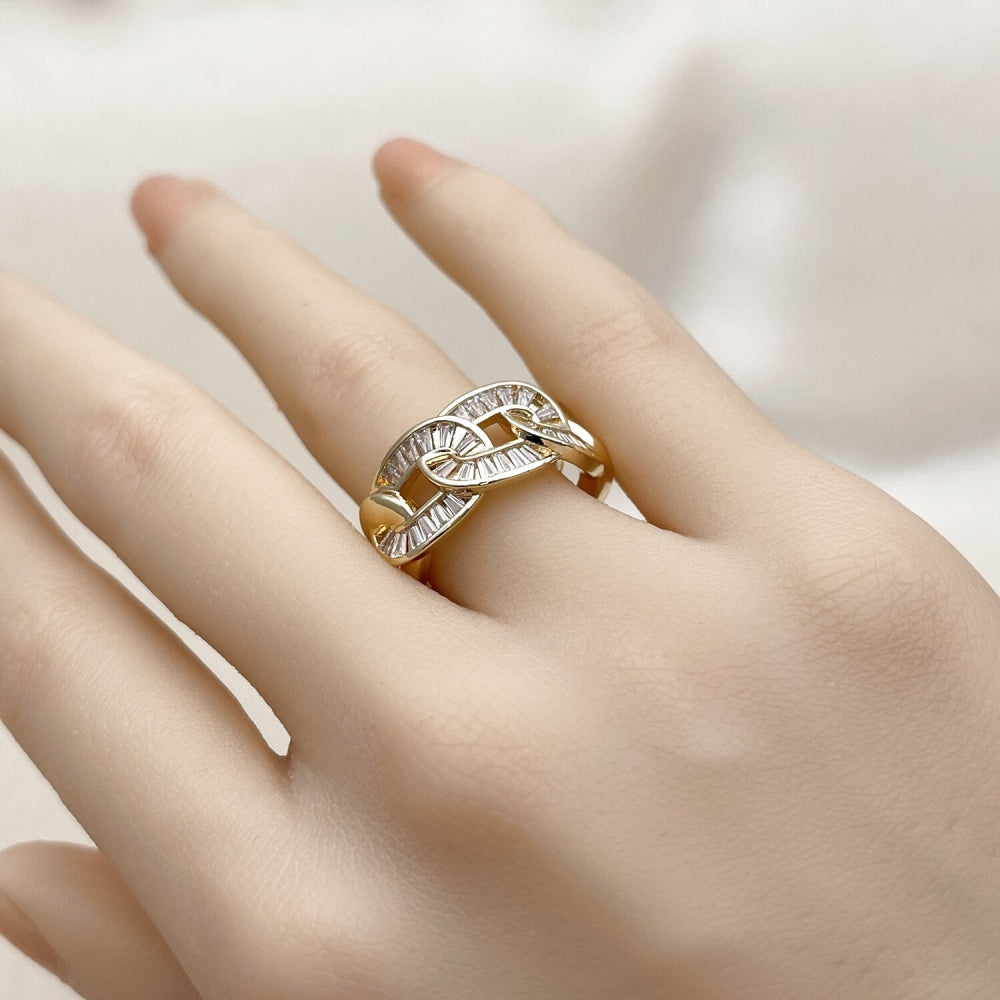 Oro Laminado Multi Stone Ring, Gold Filled Style Miami Cuban and Baguette Design, with White Cubic Zirconia, Polished, Golden Finish
