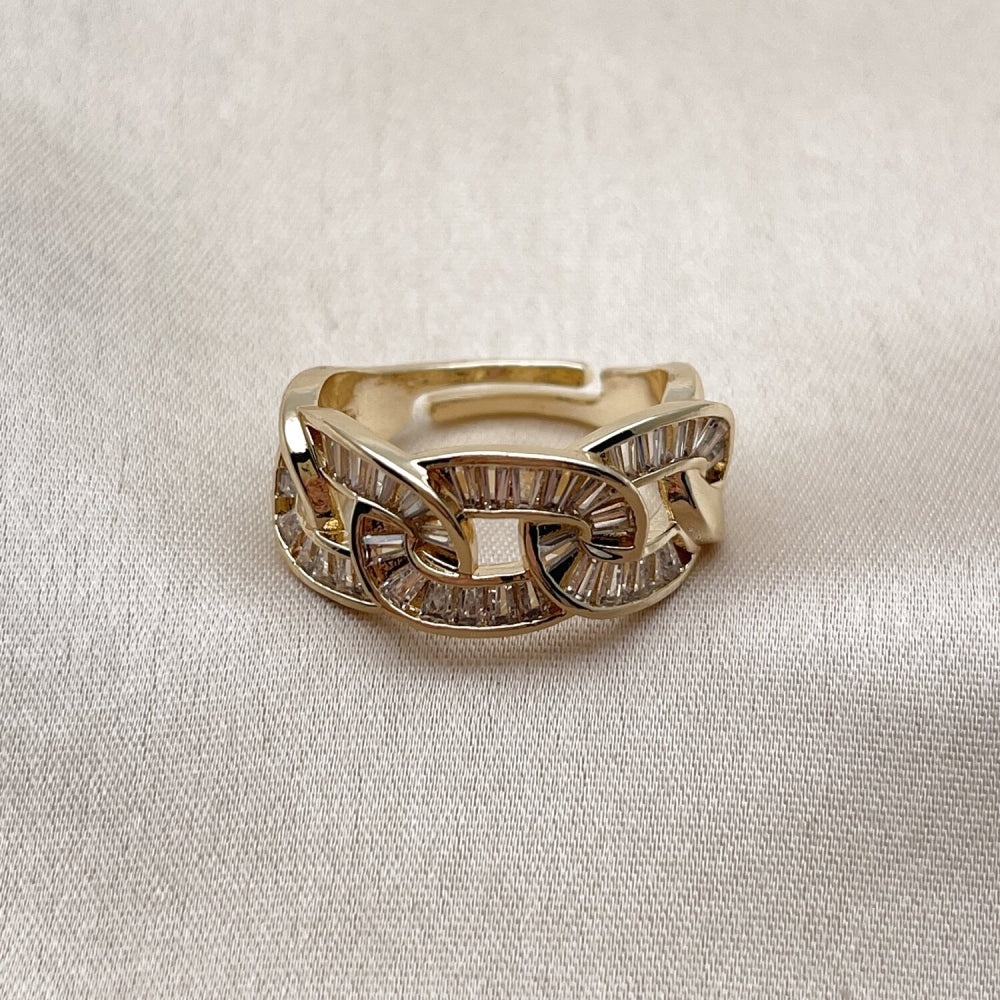 Oro Laminado Multi Stone Ring, Gold Filled Style Miami Cuban and Baguette Design, with White Cubic Zirconia, Polished, Golden Finish