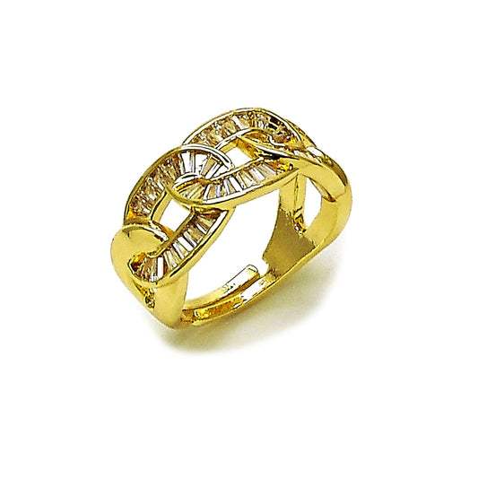 Oro Laminado Multi Stone Ring, Gold Filled Style Miami Cuban and Baguette Design, with White Cubic Zirconia, Polished, Golden Finish