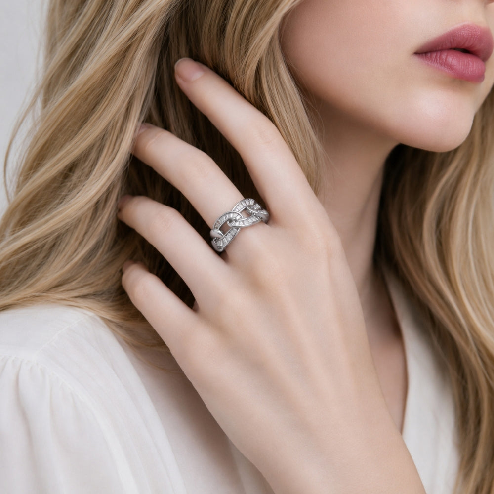 Rhodium Gold Filled Multi Stone Ring, Miami Cuban and Baguette Design, with White Cubic Zirconia, Polished, Rhodium Finish