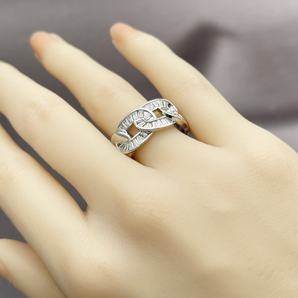 Rhodium Gold Filled Multi Stone Ring, Miami Cuban and Baguette Design, with White Cubic Zirconia, Polished, Rhodium Finish