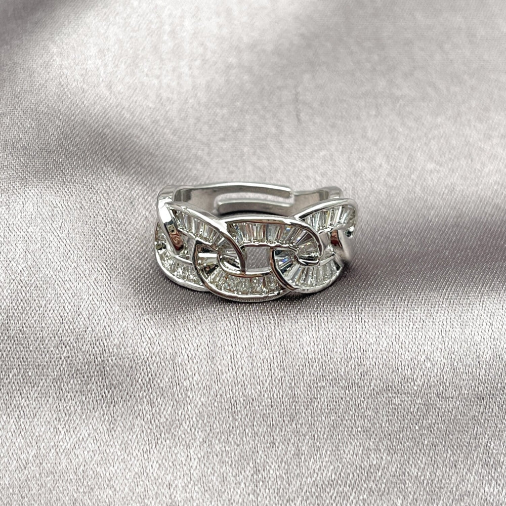 Rhodium Gold Filled Multi Stone Ring, Miami Cuban and Baguette Design, with White Cubic Zirconia, Polished, Rhodium Finish